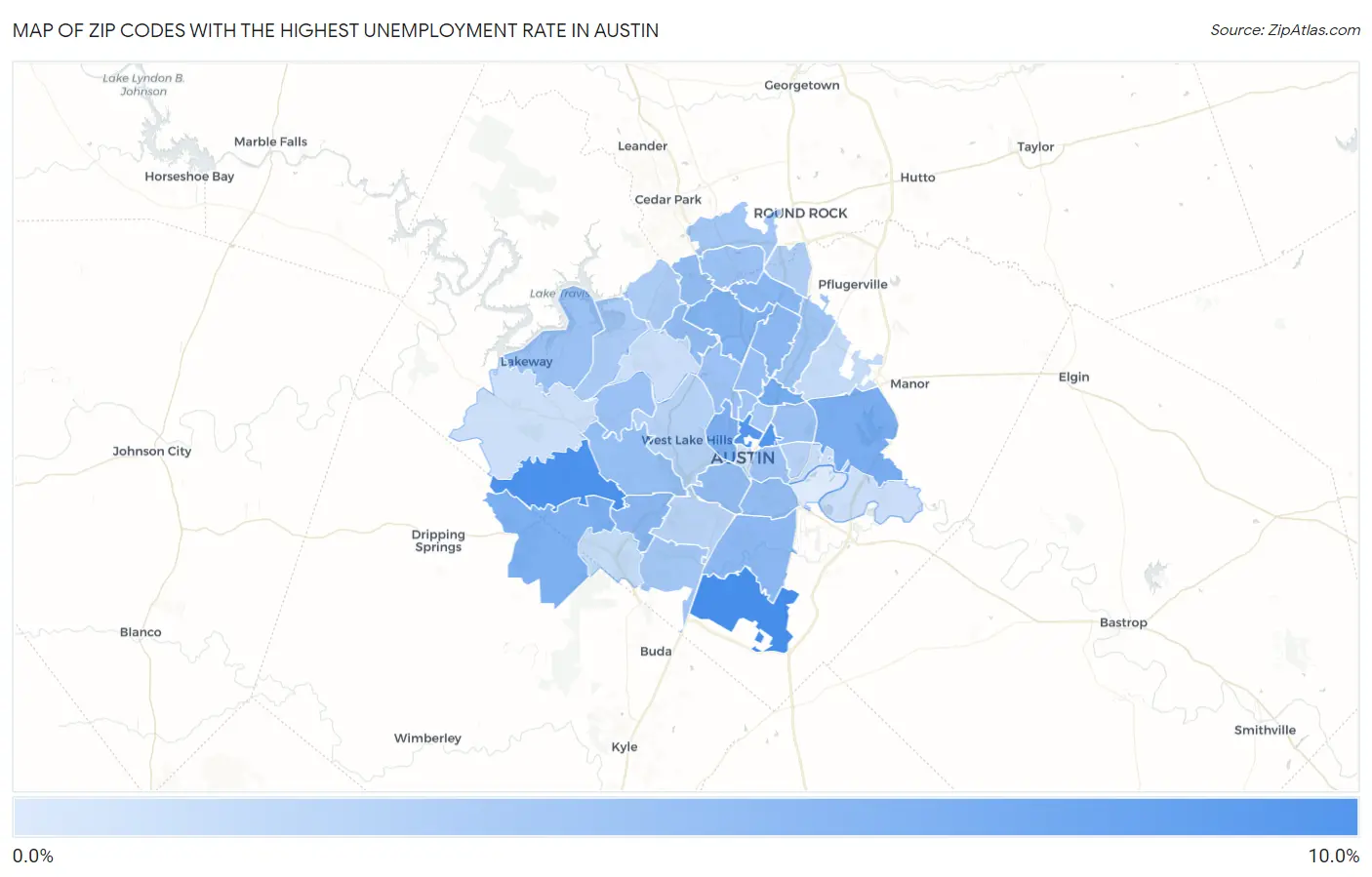Zip Codes with the Highest Unemployment Rate in Austin Map