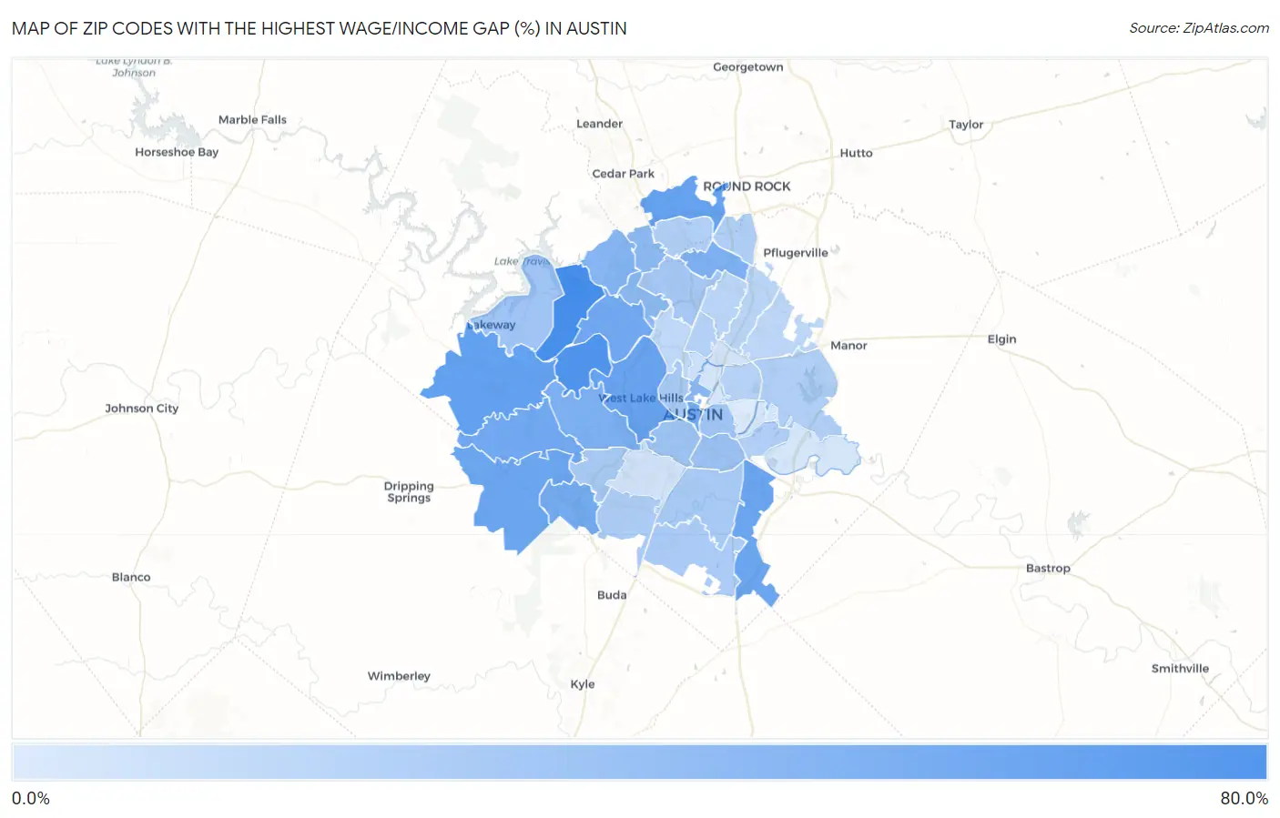 Zip Codes with the Highest Wage/Income Gap (%) in Austin Map