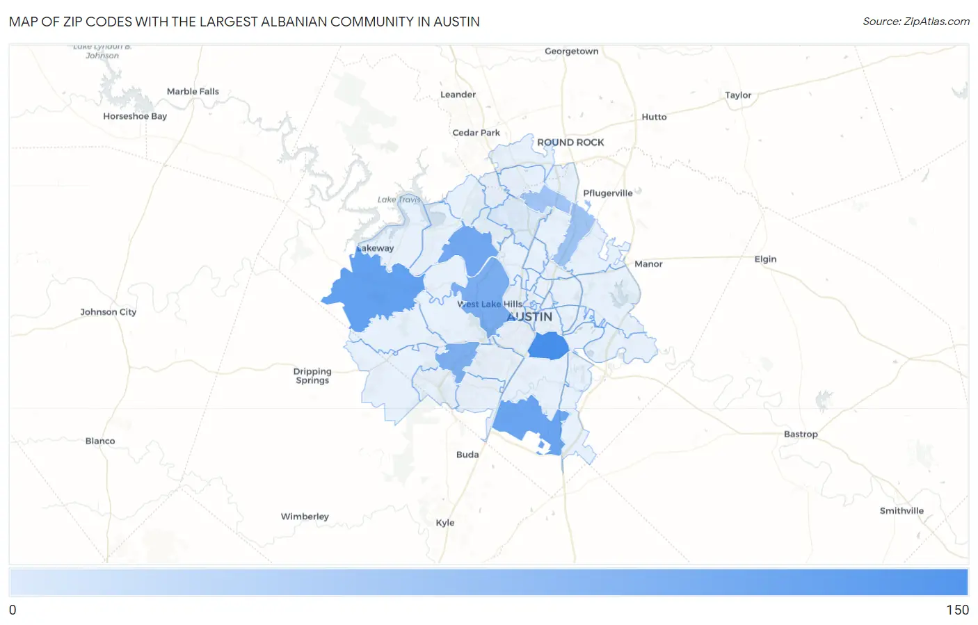 Zip Codes with the Largest Albanian Community in Austin Map