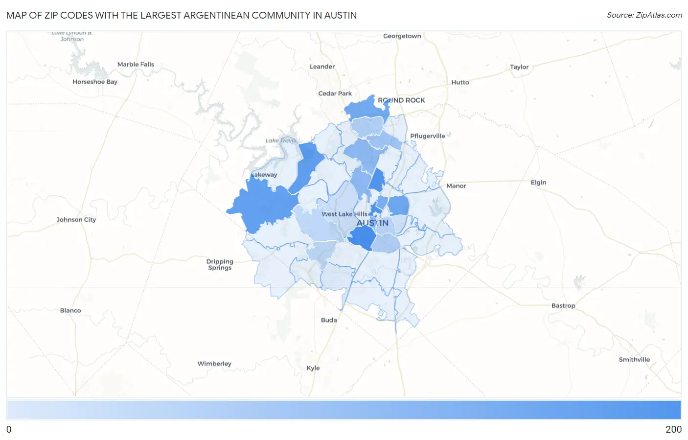 Zip Codes with the Largest Argentinean Community in Austin Map