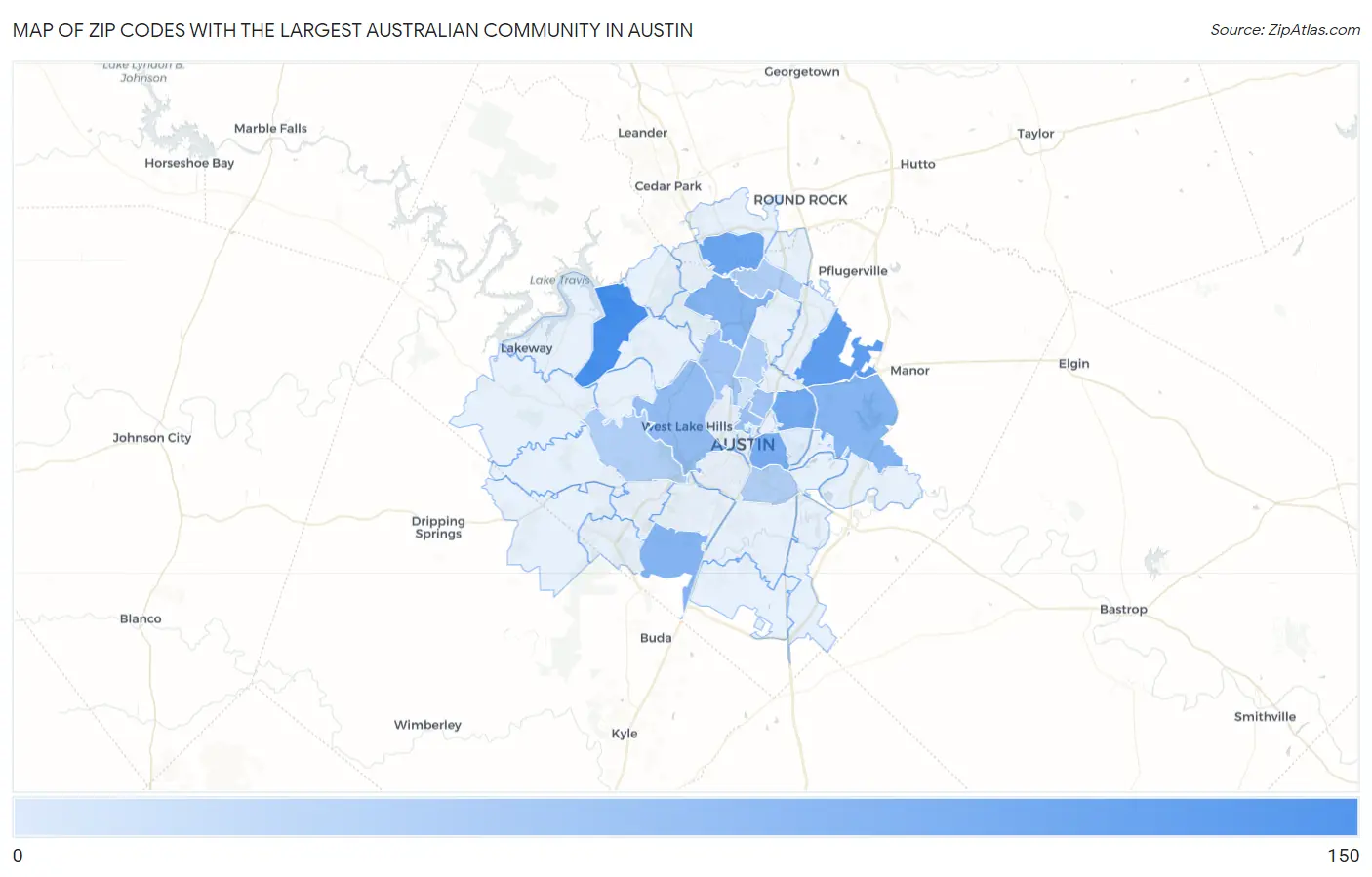 Zip Codes with the Largest Australian Community in Austin Map