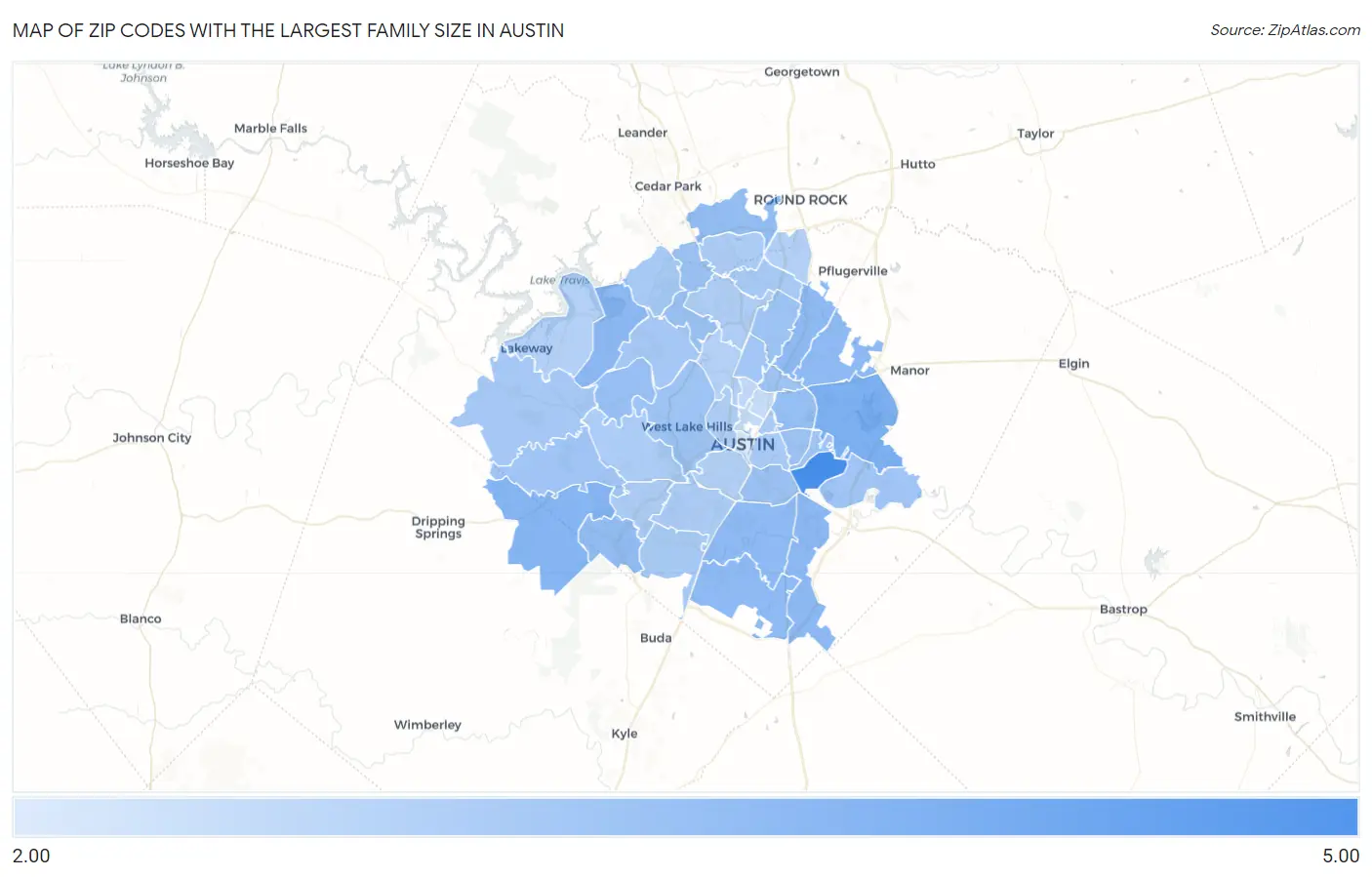 Zip Codes with the Largest Family Size in Austin Map