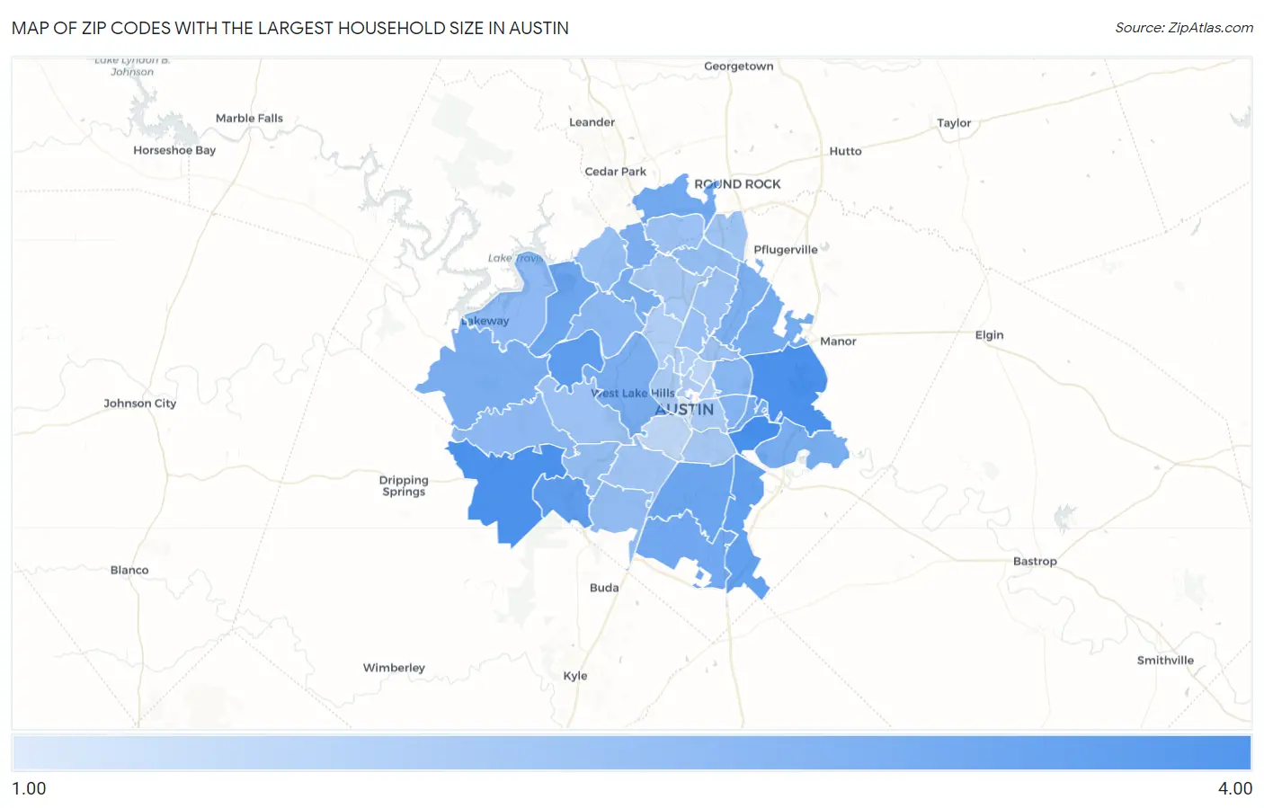 Zip Codes with the Largest Household Size in Austin Map
