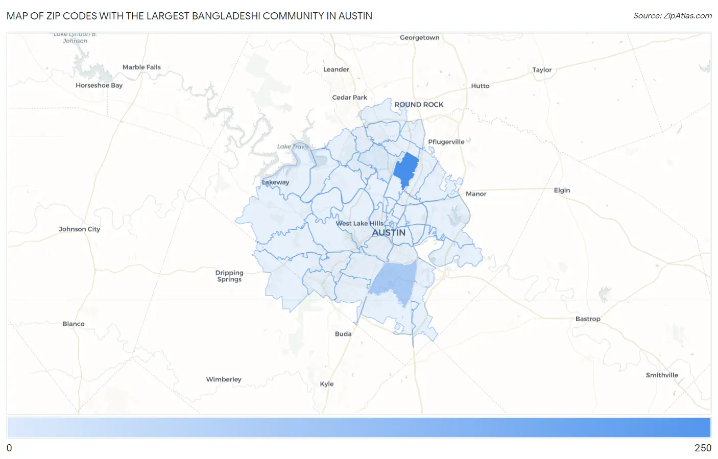 Zip Codes with the Largest Bangladeshi Community in Austin Map