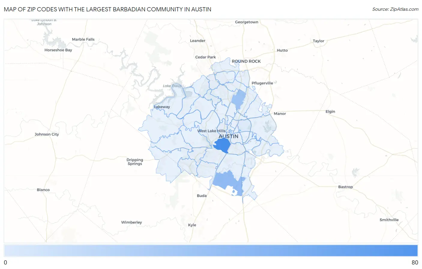 Zip Codes with the Largest Barbadian Community in Austin Map