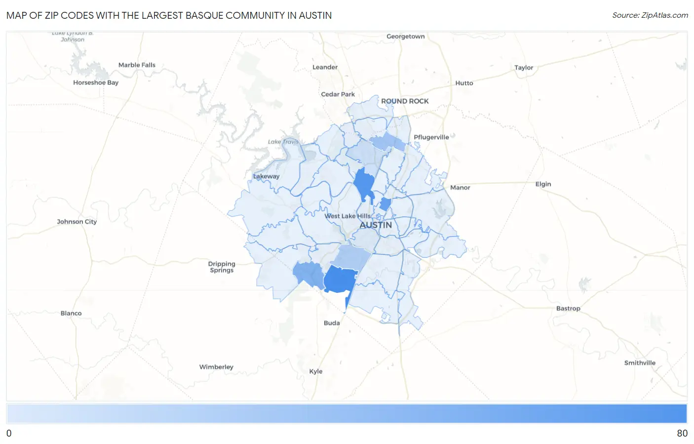 Zip Codes with the Largest Basque Community in Austin Map