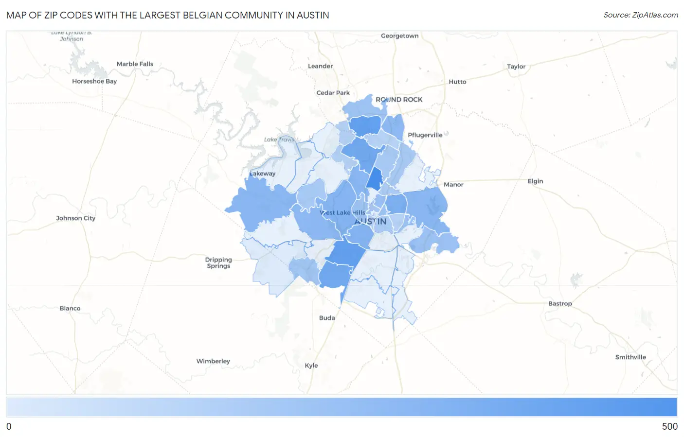 Zip Codes with the Largest Belgian Community in Austin Map