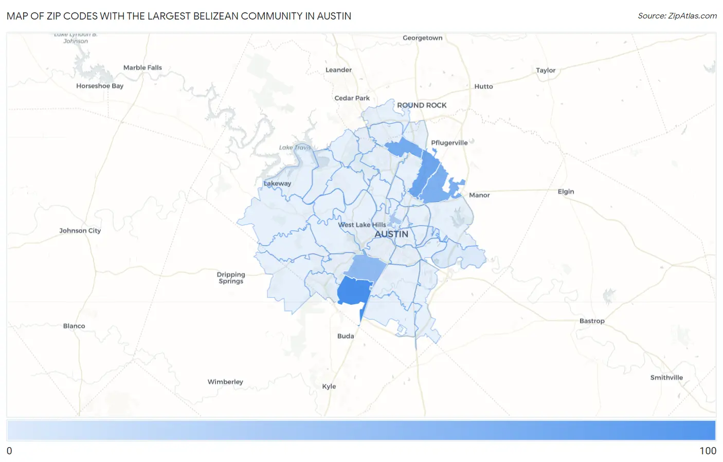 Zip Codes with the Largest Belizean Community in Austin Map