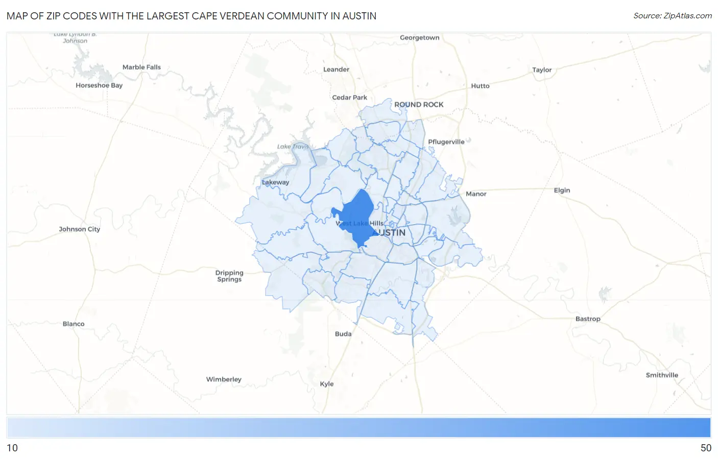 Zip Codes with the Largest Cape Verdean Community in Austin Map