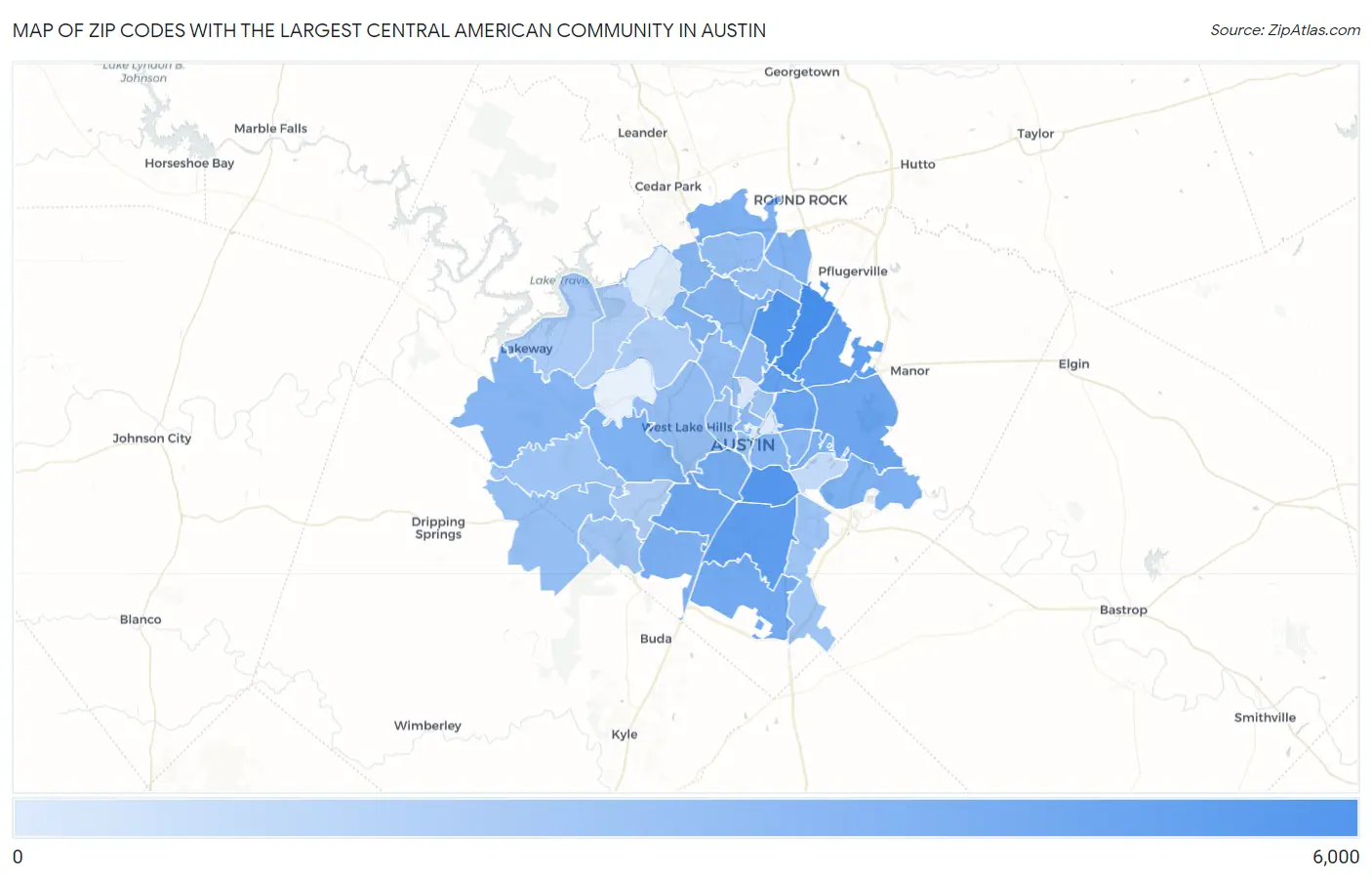 Zip Codes with the Largest Central American Community in Austin Map
