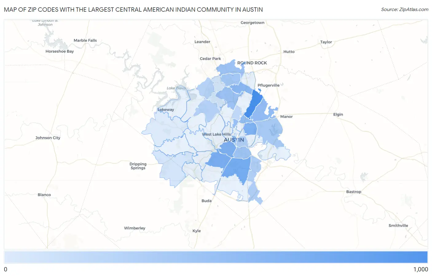 Zip Codes with the Largest Central American Indian Community in Austin Map