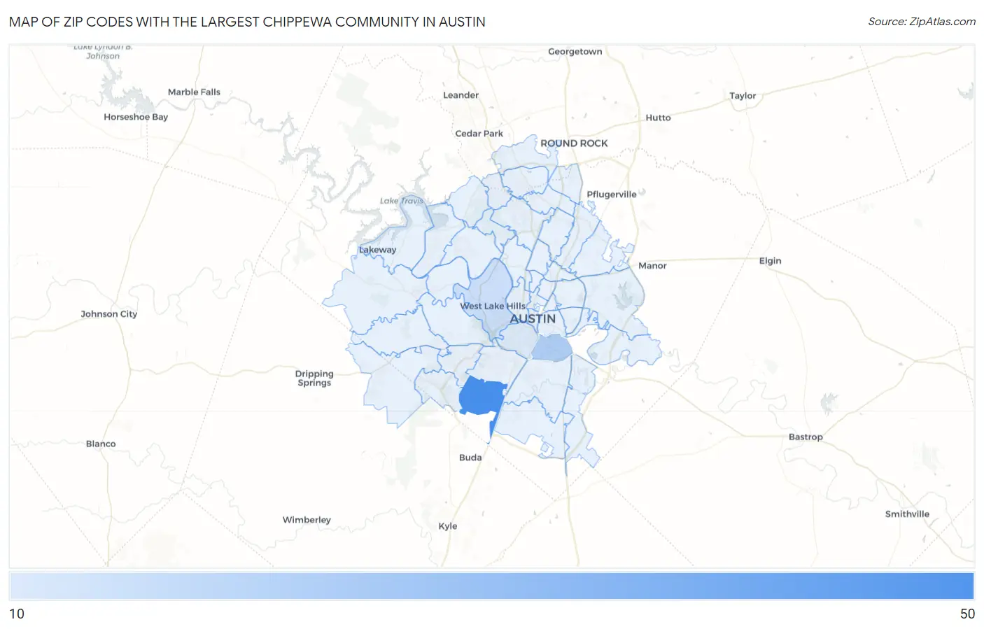 Zip Codes with the Largest Chippewa Community in Austin Map