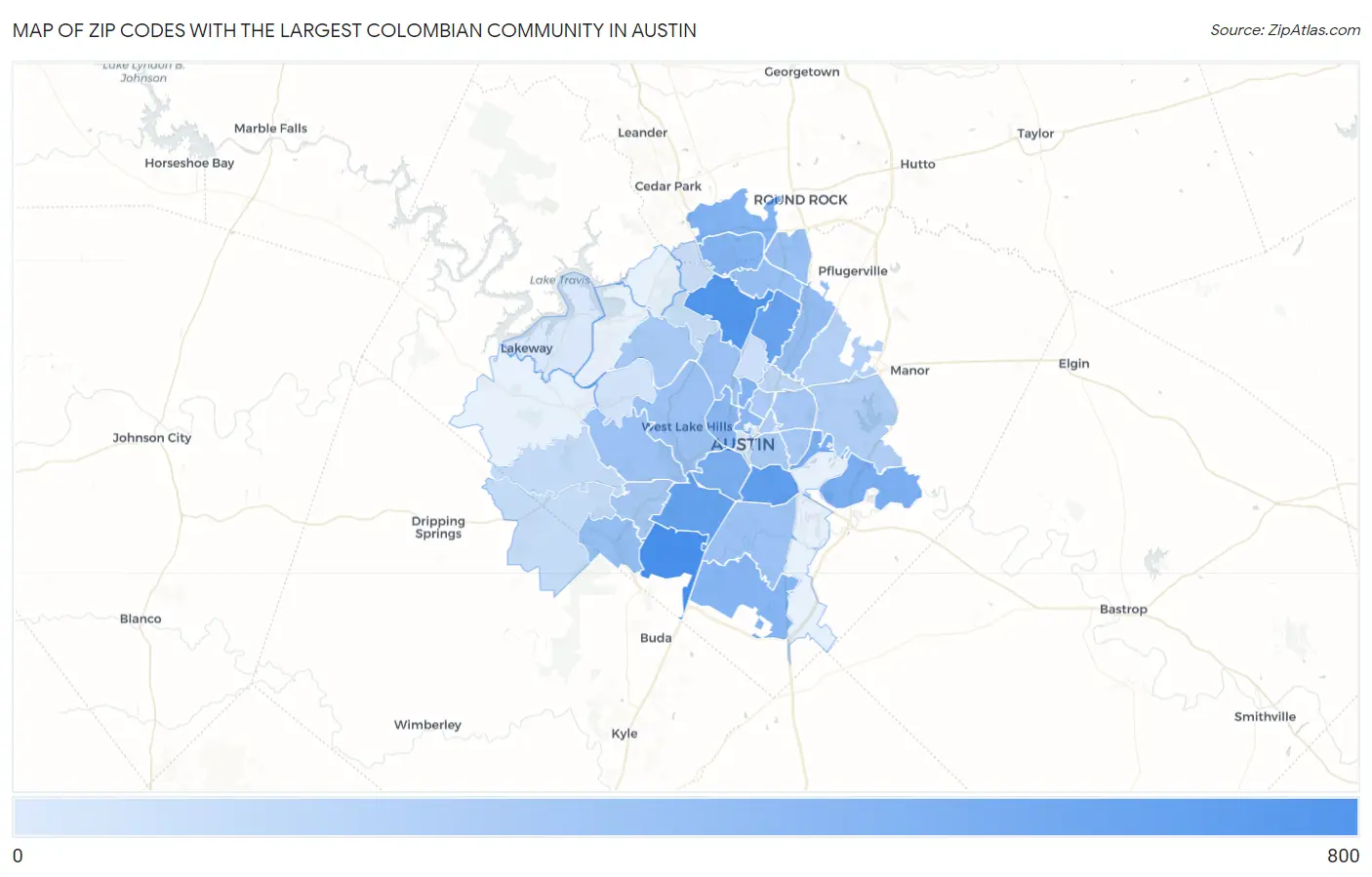 Zip Codes with the Largest Colombian Community in Austin Map
