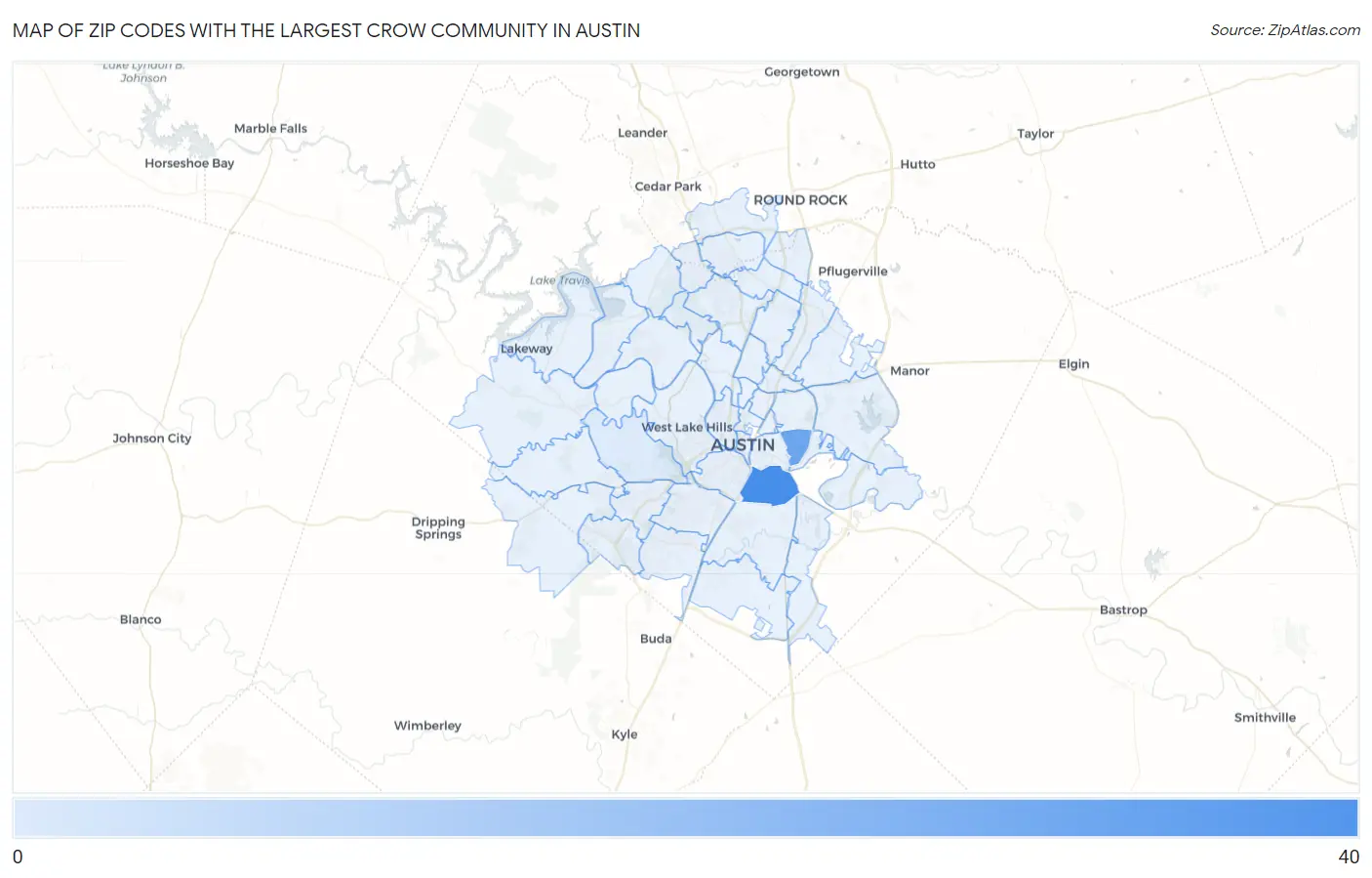 Zip Codes with the Largest Crow Community in Austin Map