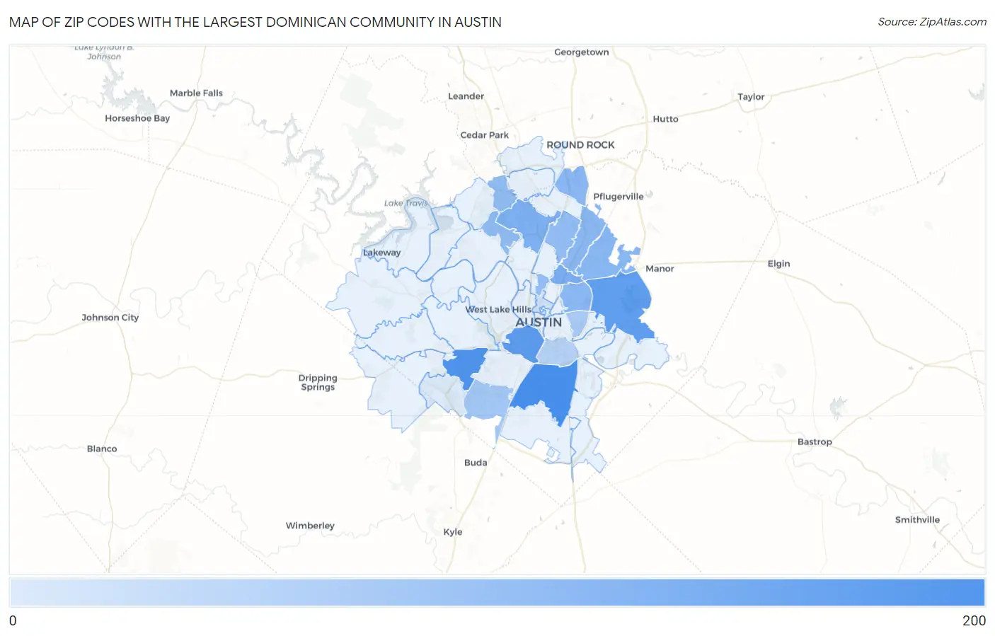 Zip Codes with the Largest Dominican Community in Austin Map