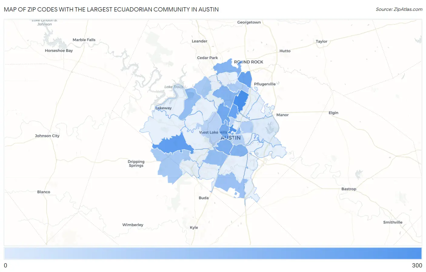 Zip Codes with the Largest Ecuadorian Community in Austin Map