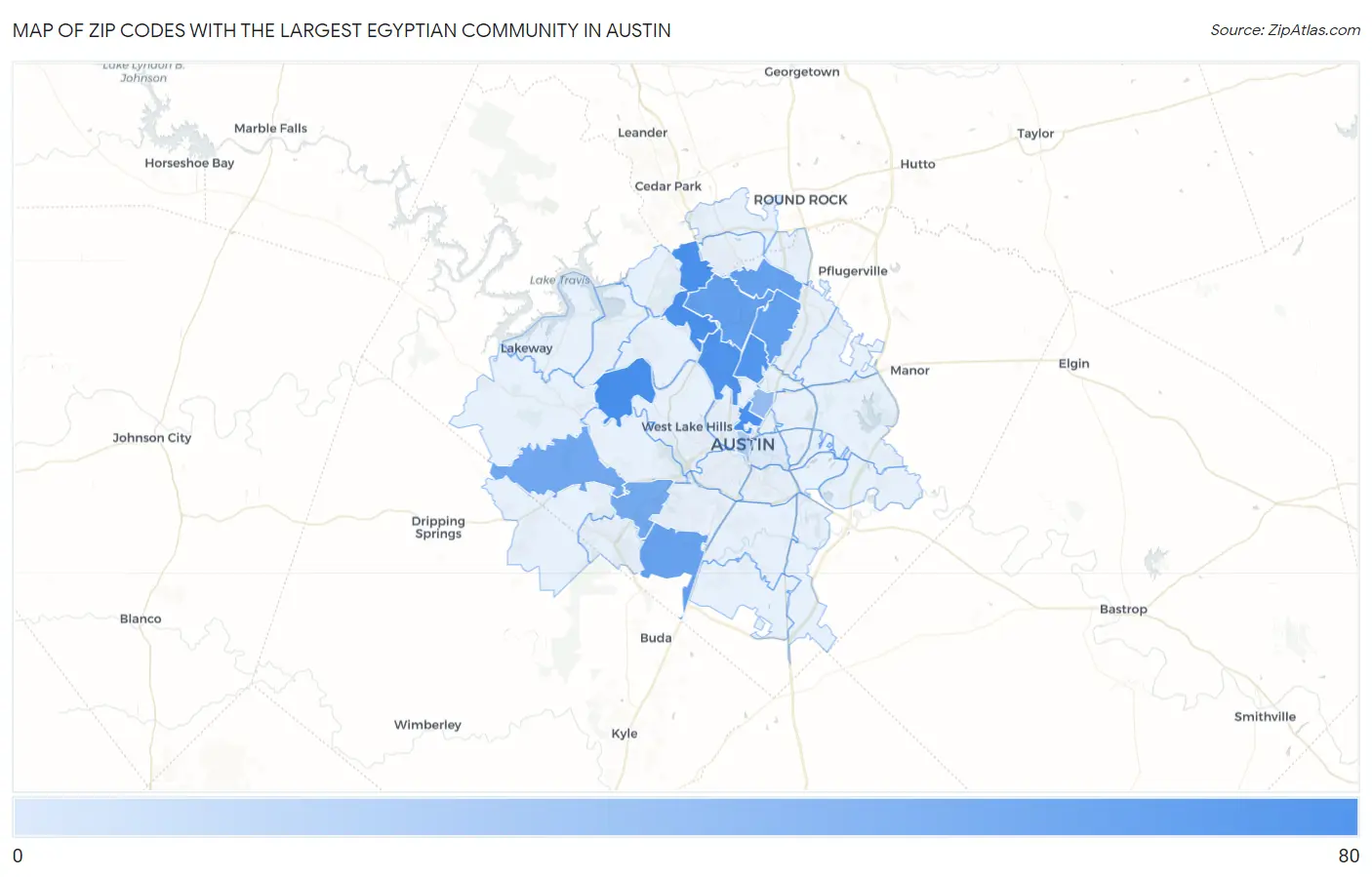 Zip Codes with the Largest Egyptian Community in Austin Map
