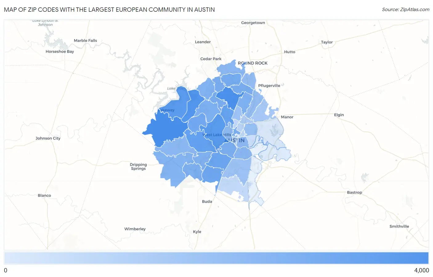 Zip Codes with the Largest European Community in Austin Map