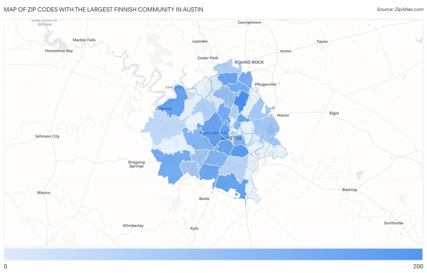 Zip Codes with the Largest Finnish Community in Austin Map