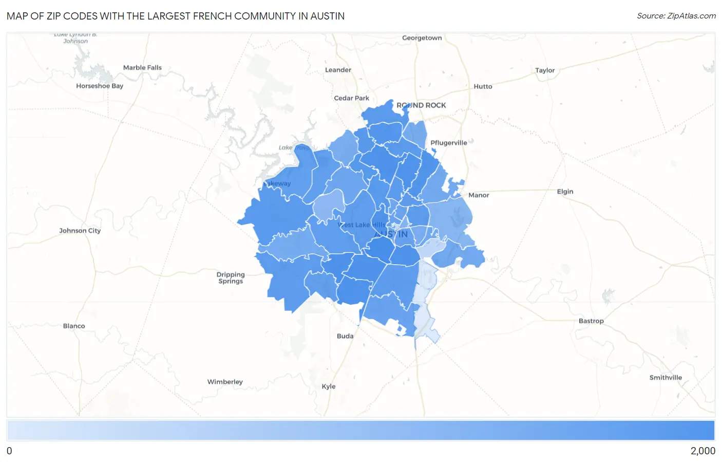 Zip Codes with the Largest French Community in Austin Map