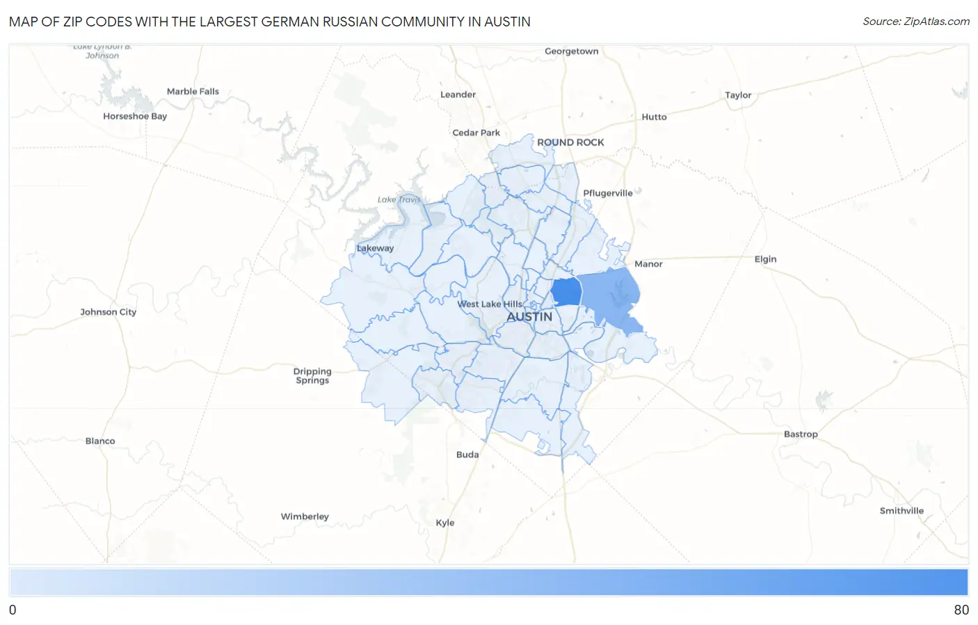 Zip Codes with the Largest German Russian Community in Austin Map