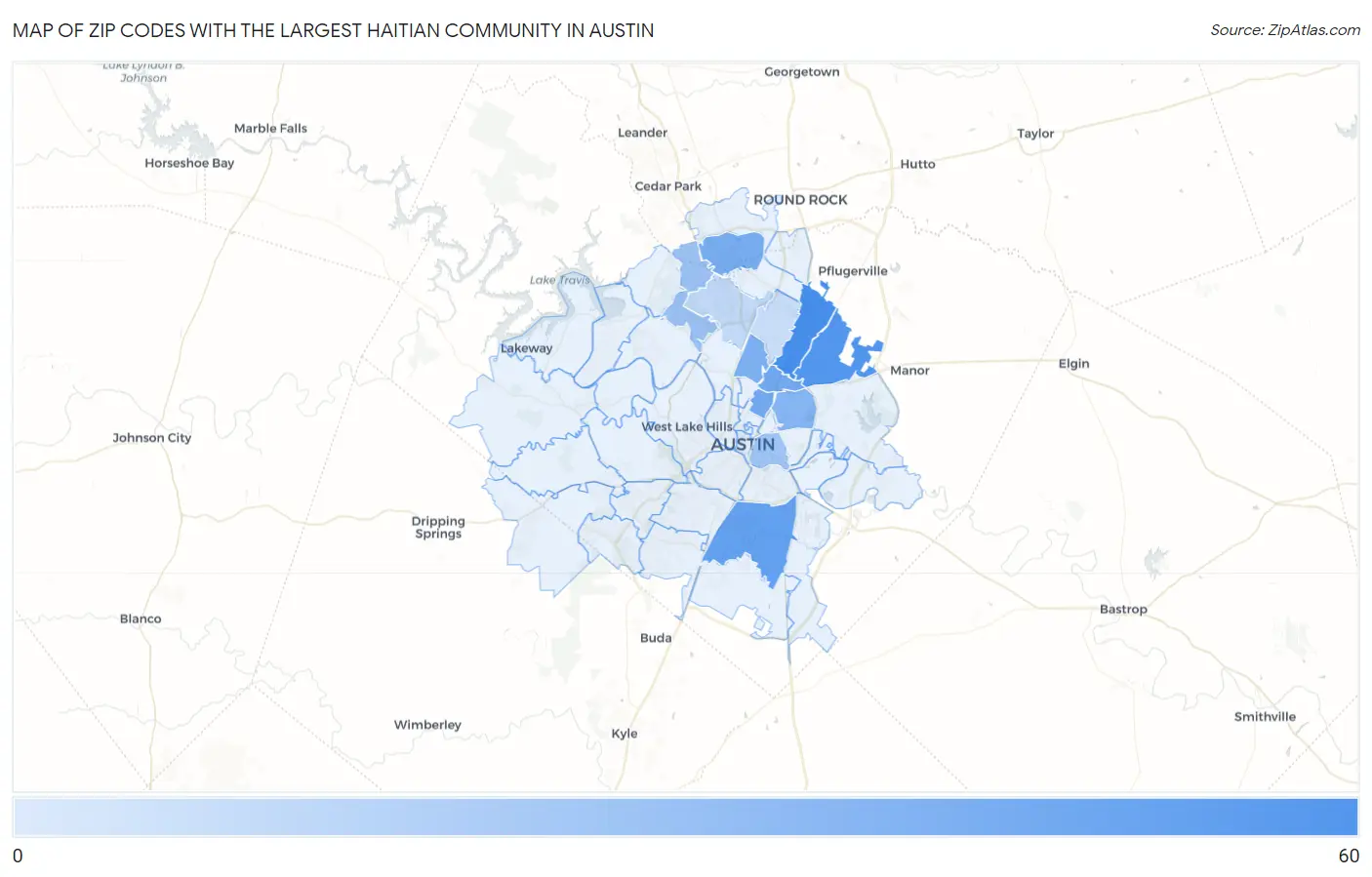 Zip Codes with the Largest Haitian Community in Austin Map