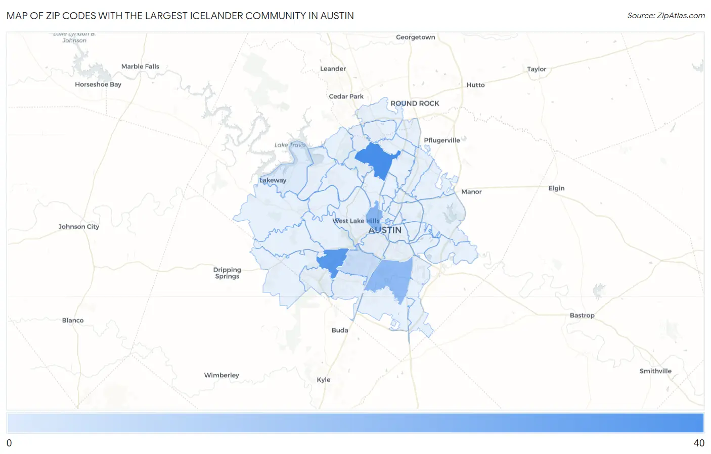 Zip Codes with the Largest Icelander Community in Austin Map