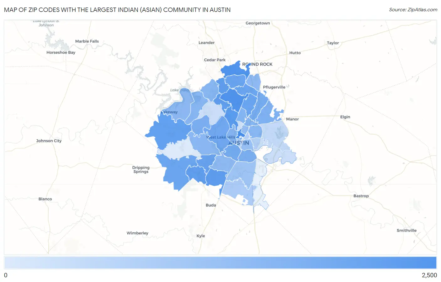 Zip Codes with the Largest Indian (Asian) Community in Austin Map