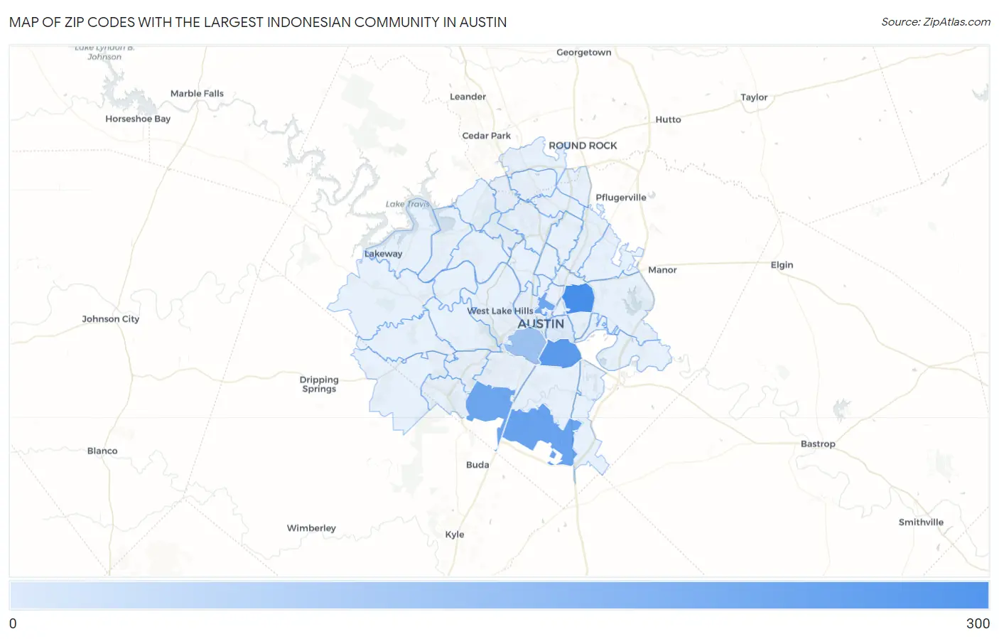 Zip Codes with the Largest Indonesian Community in Austin Map