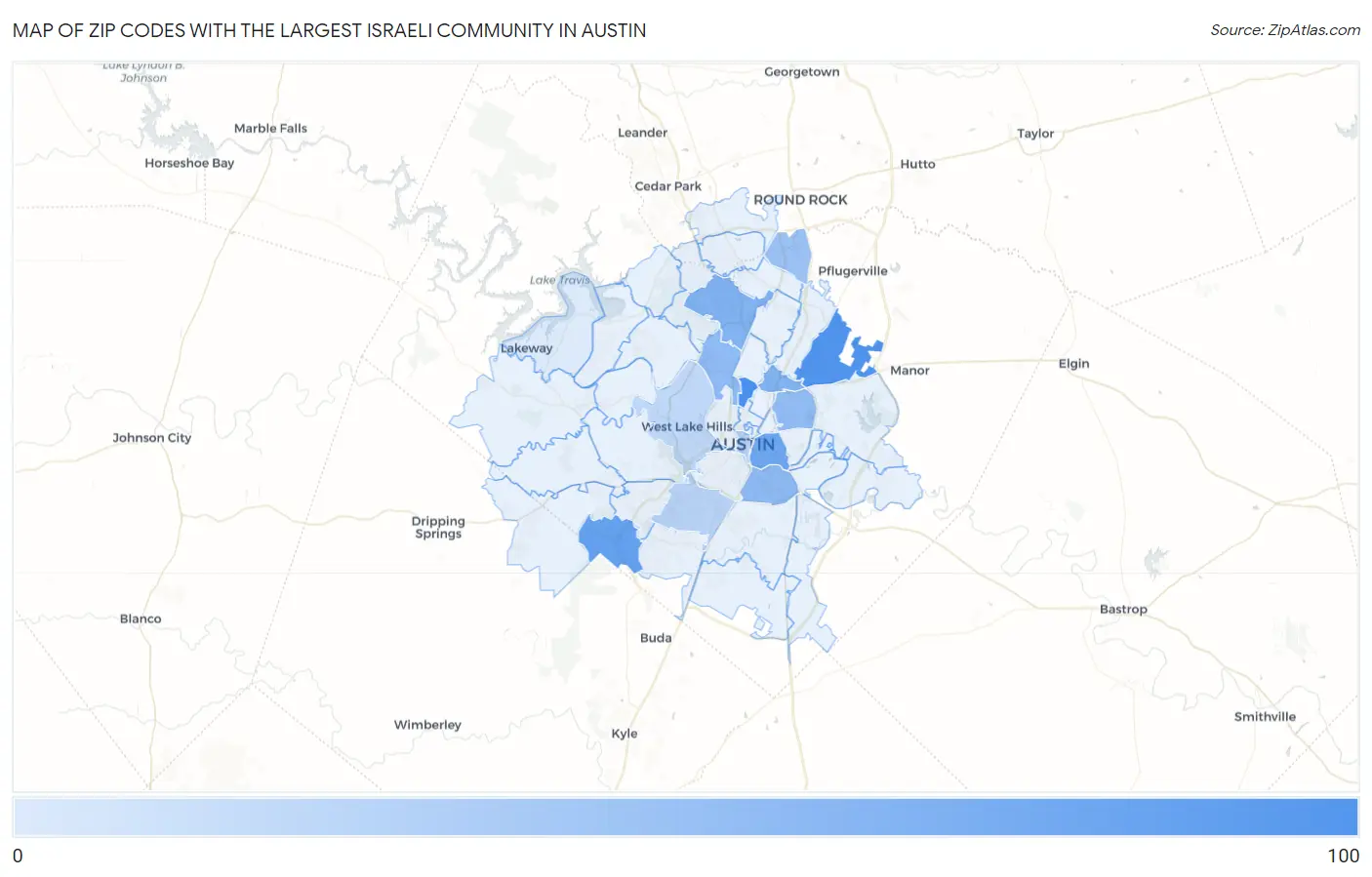 Zip Codes with the Largest Israeli Community in Austin Map