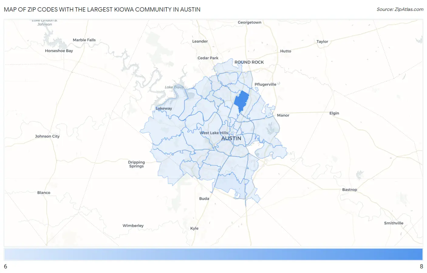 Zip Codes with the Largest Kiowa Community in Austin Map