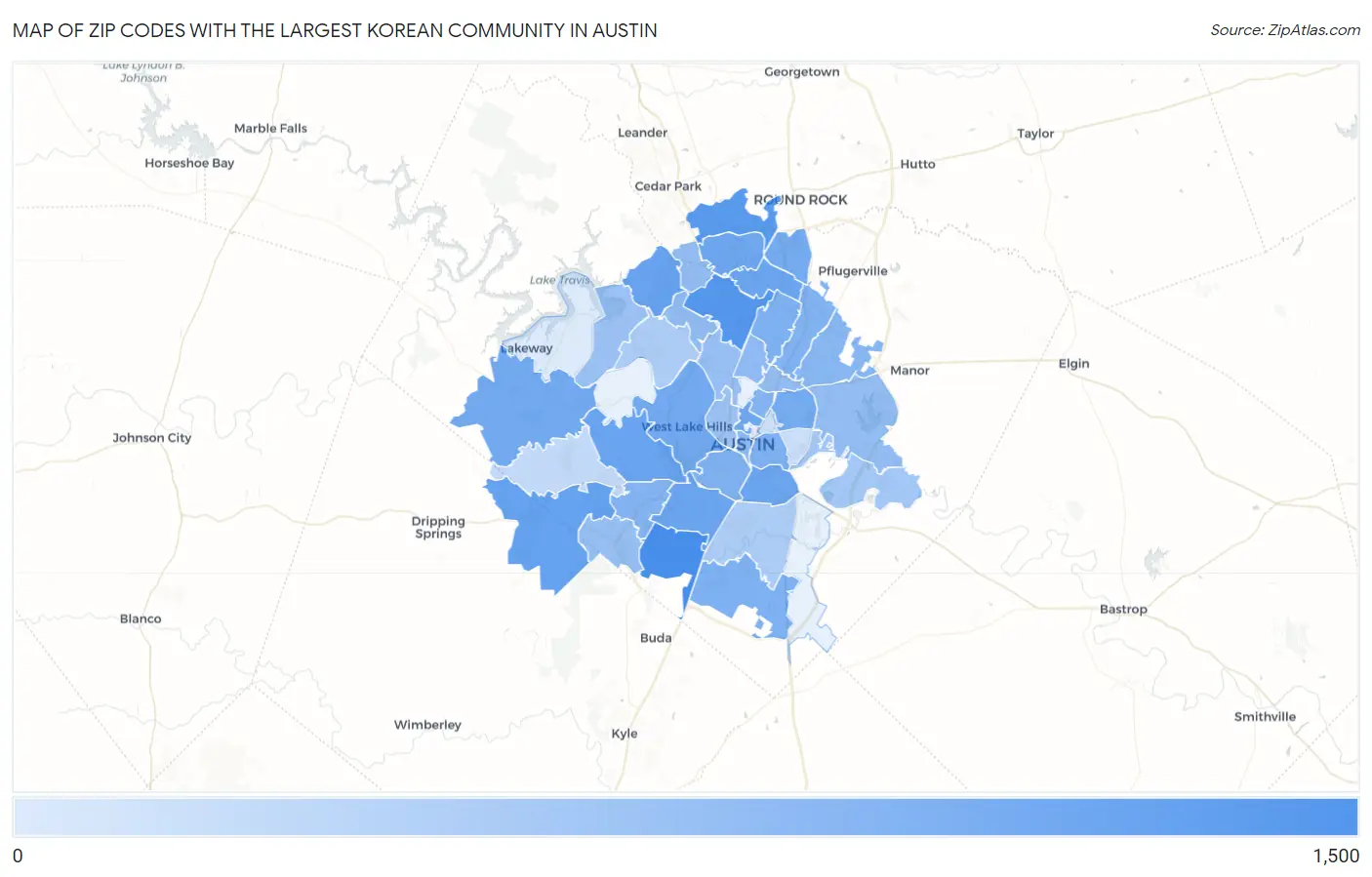 Zip Codes with the Largest Korean Community in Austin Map