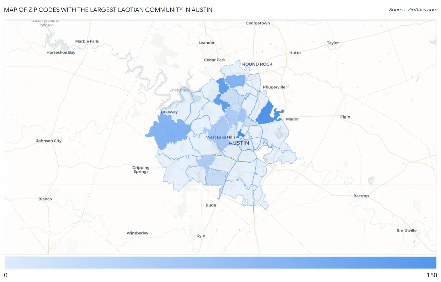 Zip Codes with the Largest Laotian Community in Austin Map