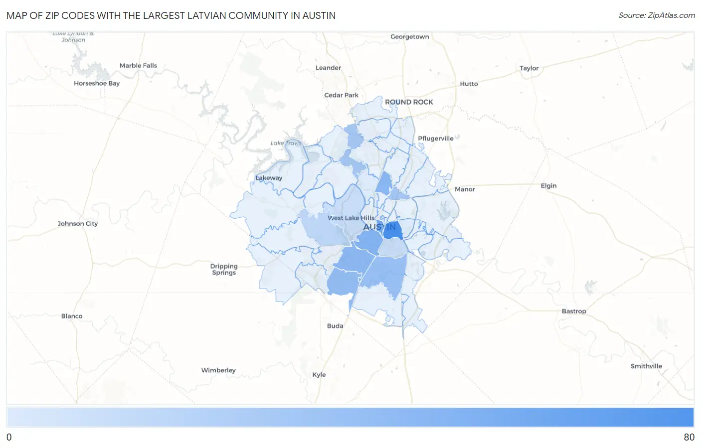 Zip Codes with the Largest Latvian Community in Austin Map
