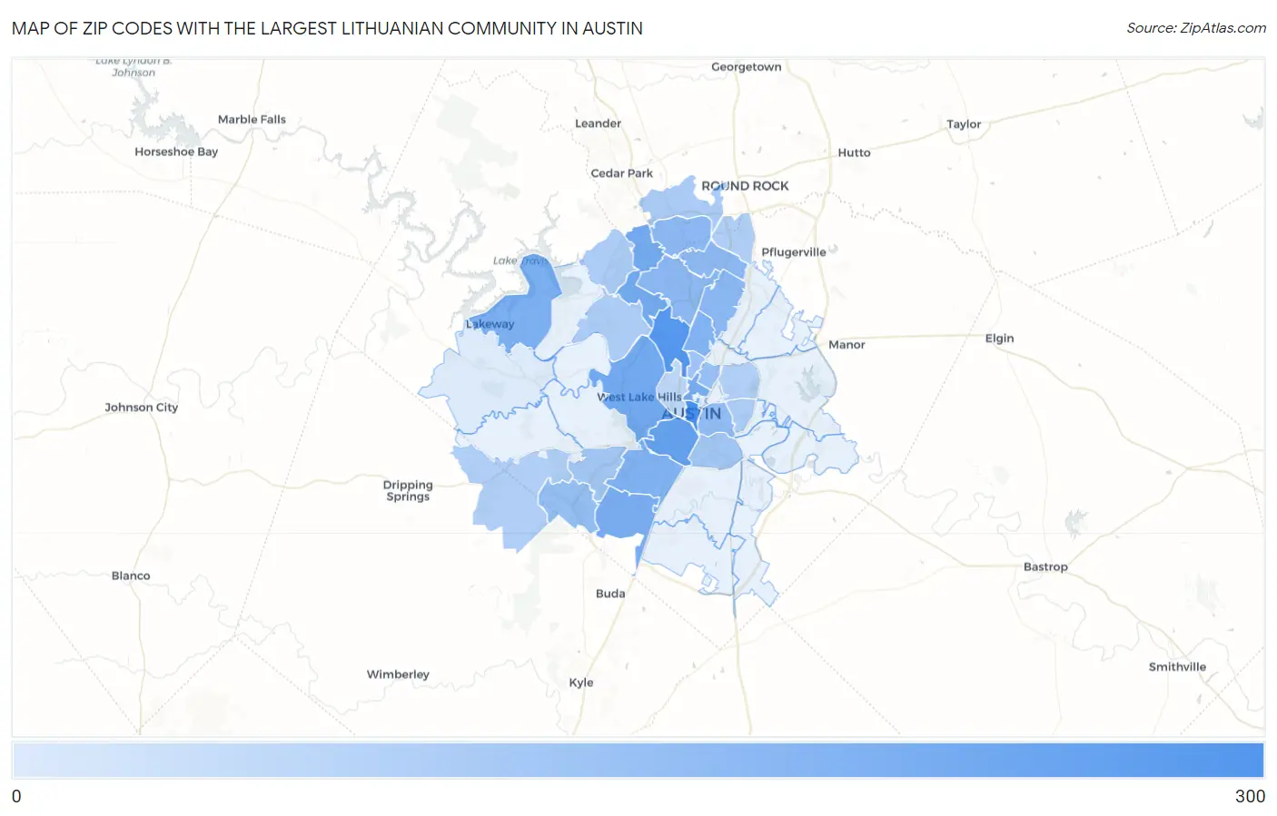 Zip Codes with the Largest Lithuanian Community in Austin Map