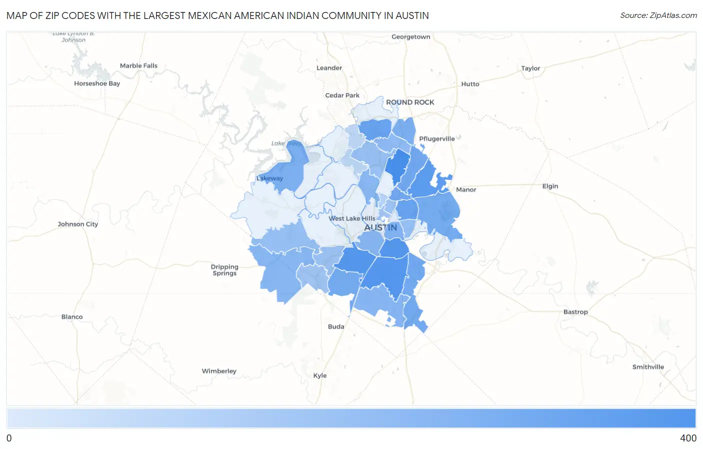 Zip Codes with the Largest Mexican American Indian Community in Austin Map