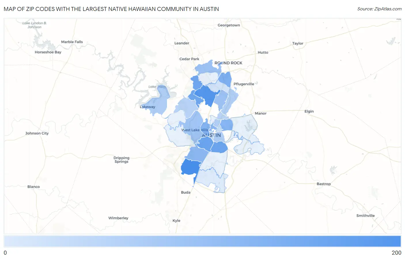 Zip Codes with the Largest Native Hawaiian Community in Austin Map