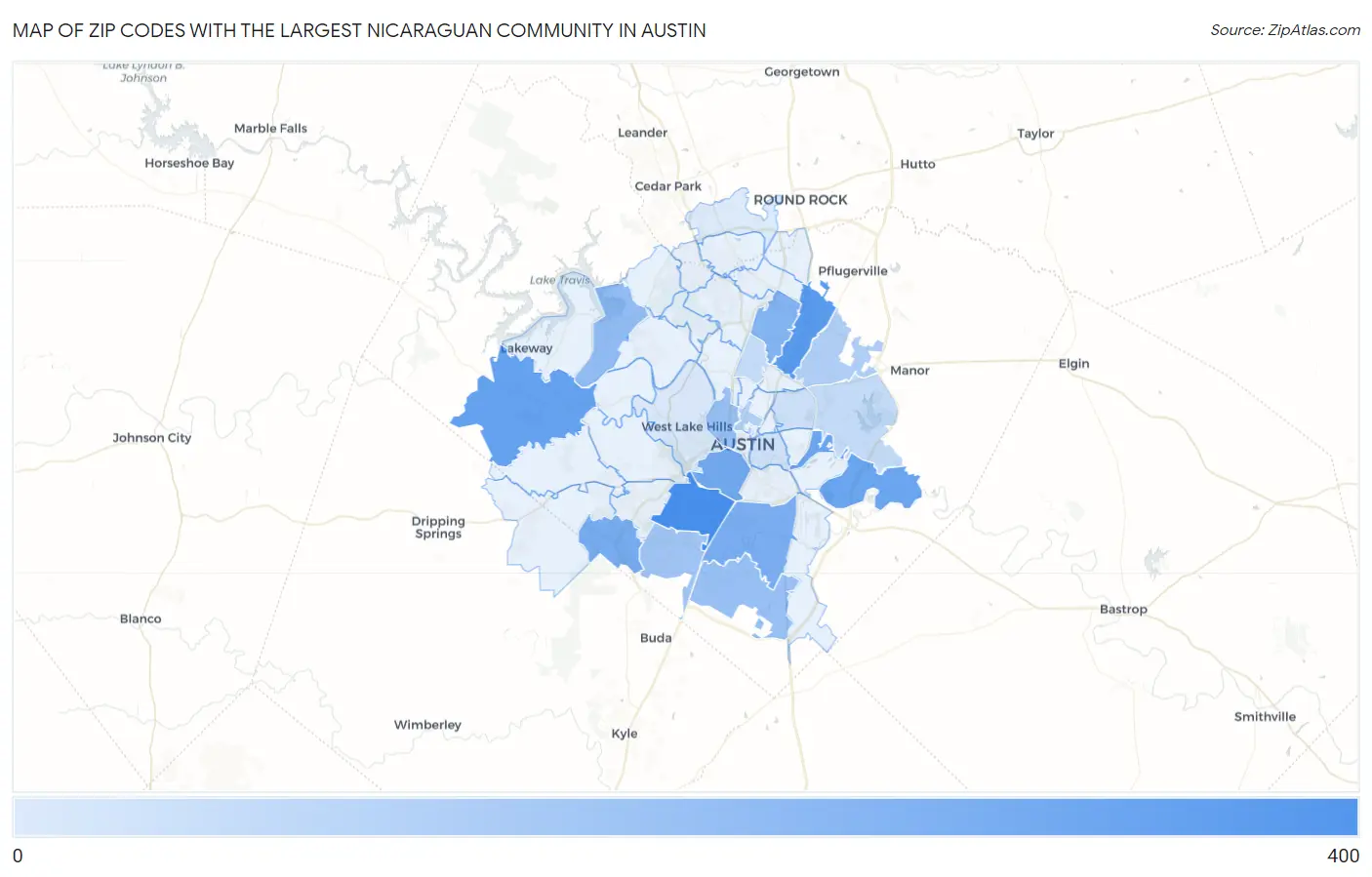 Zip Codes with the Largest Nicaraguan Community in Austin Map