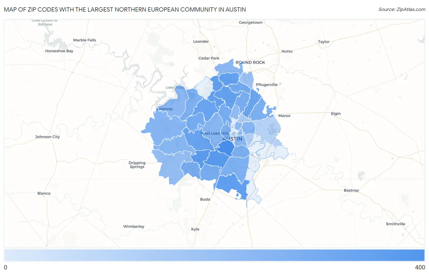 Zip Codes with the Largest Northern European Community in Austin Map