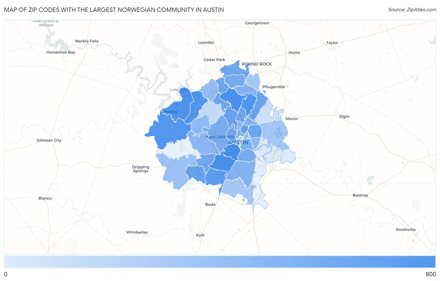 Zip Codes with the Largest Norwegian Community in Austin Map