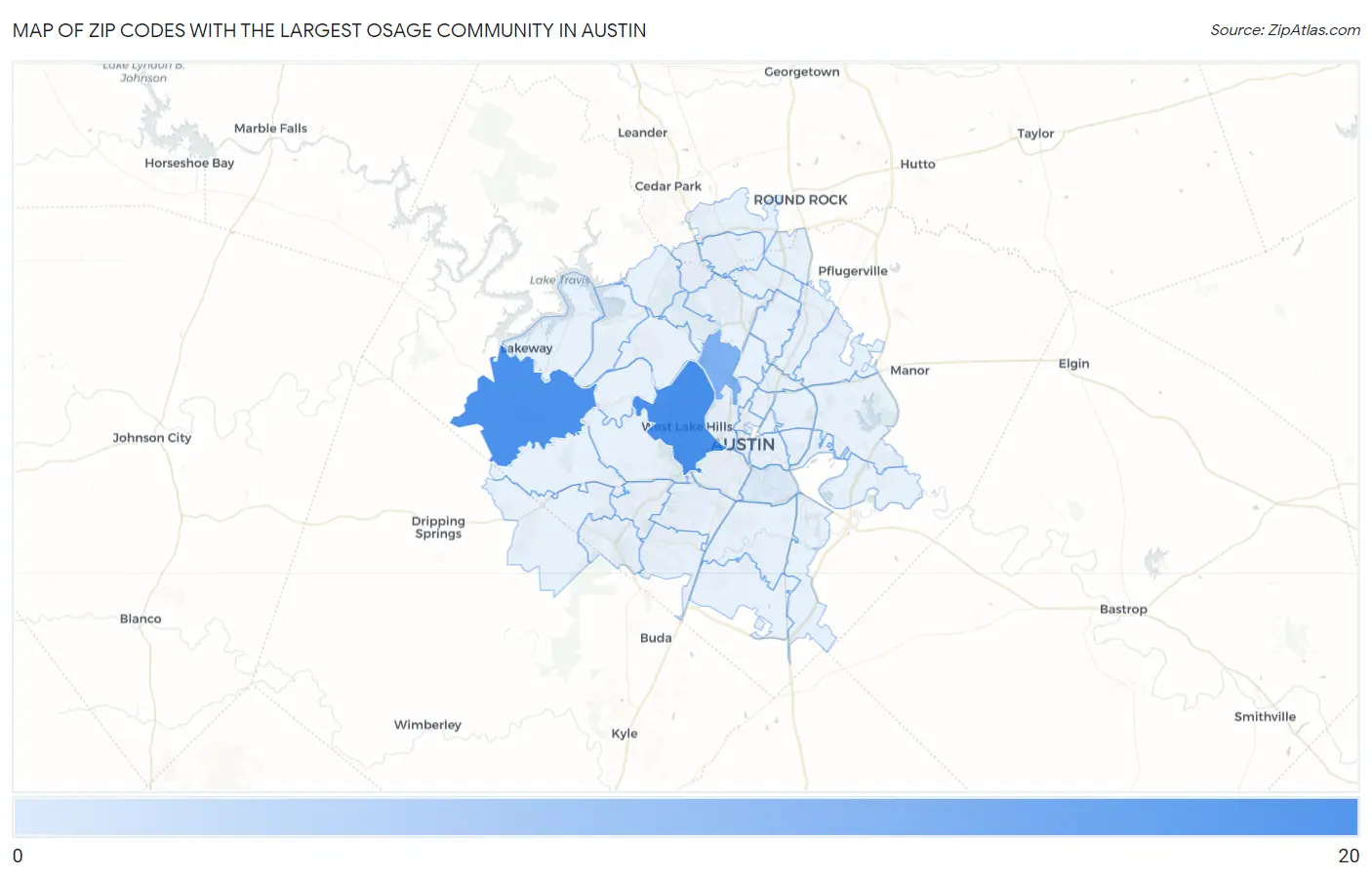 Zip Codes with the Largest Osage Community in Austin Map