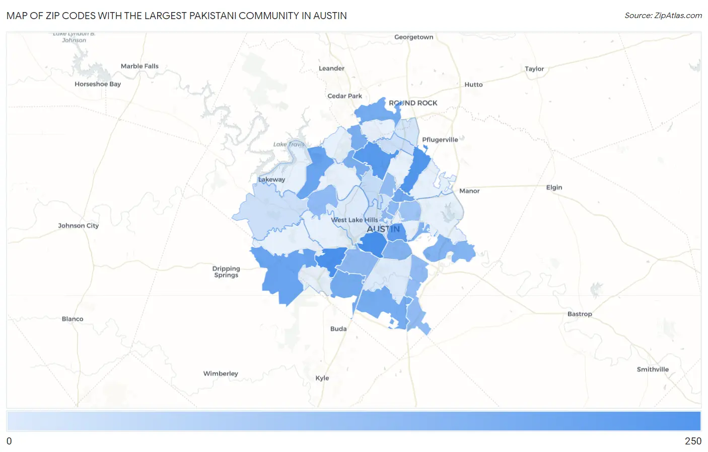 Zip Codes with the Largest Pakistani Community in Austin Map