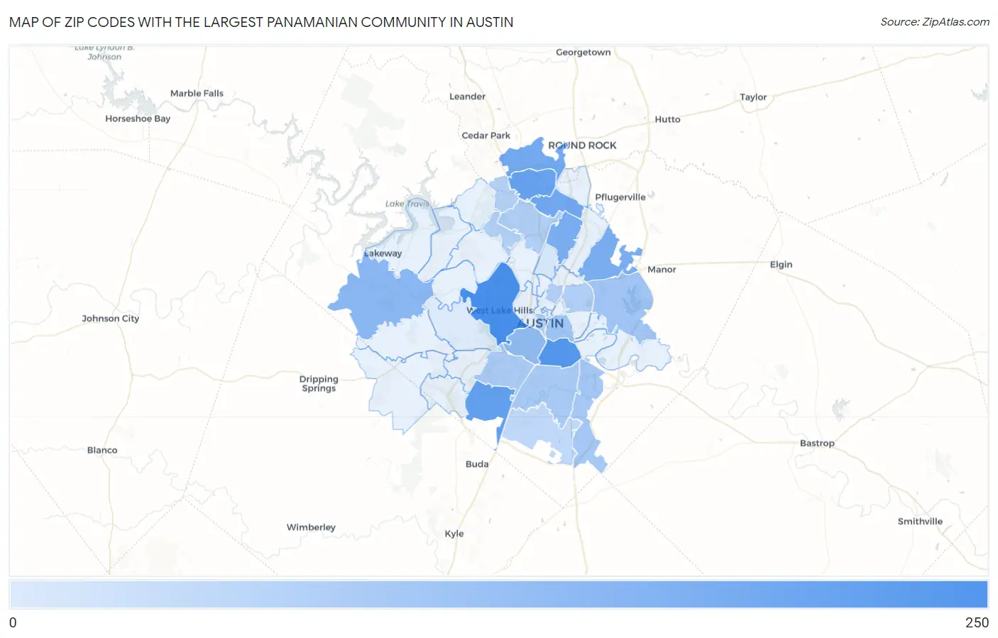 Zip Codes with the Largest Panamanian Community in Austin Map