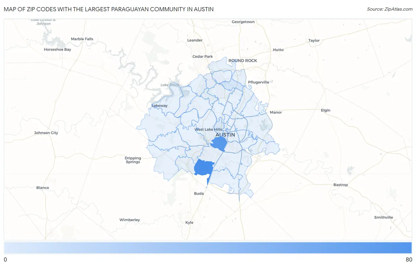 Zip Codes with the Largest Paraguayan Community in Austin Map