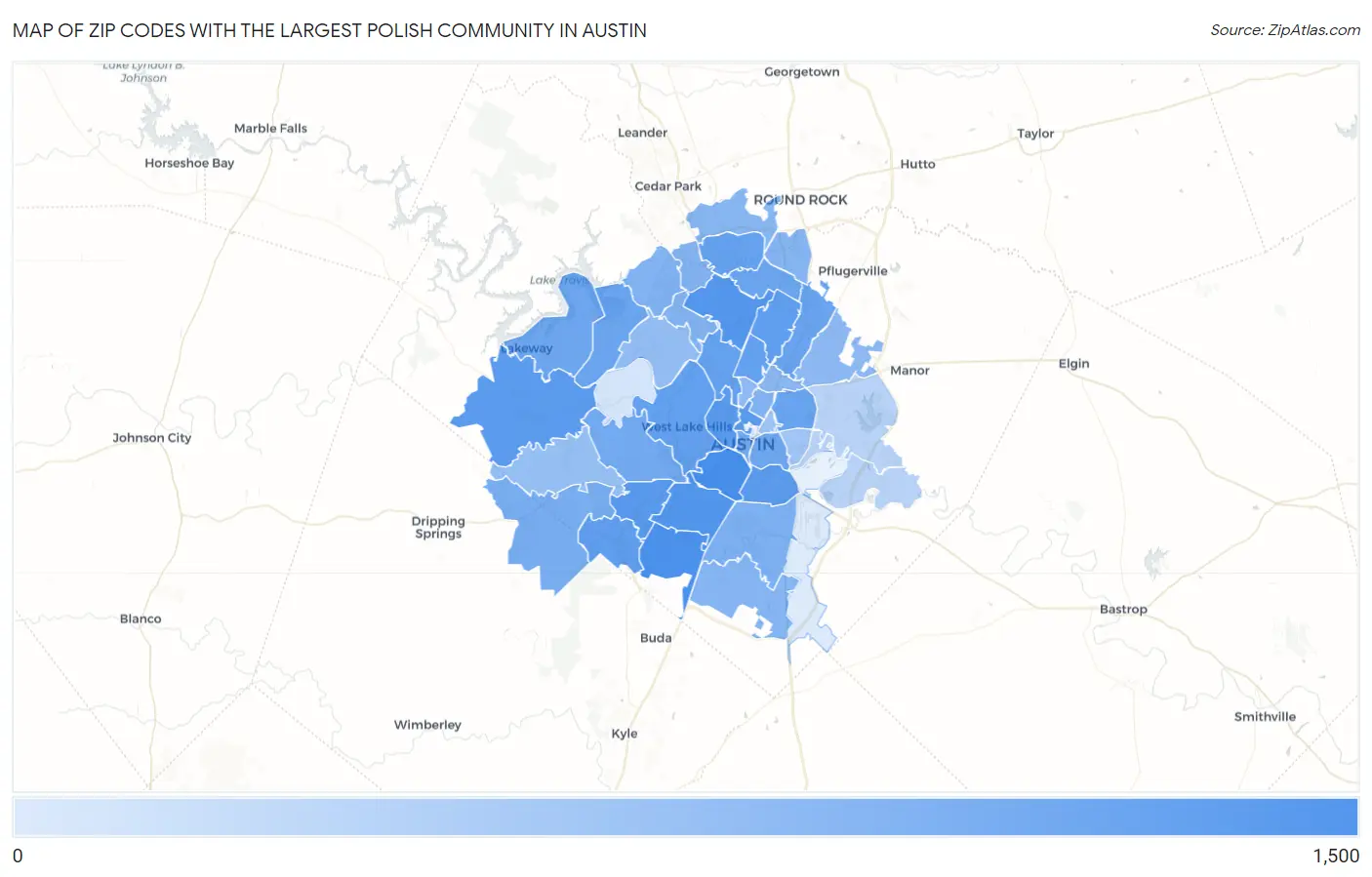 Zip Codes with the Largest Polish Community in Austin Map