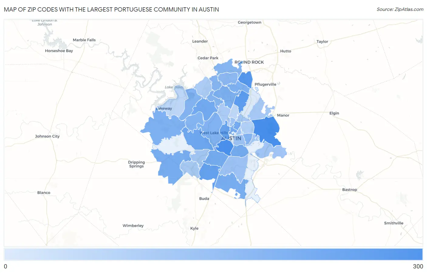 Zip Codes with the Largest Portuguese Community in Austin Map