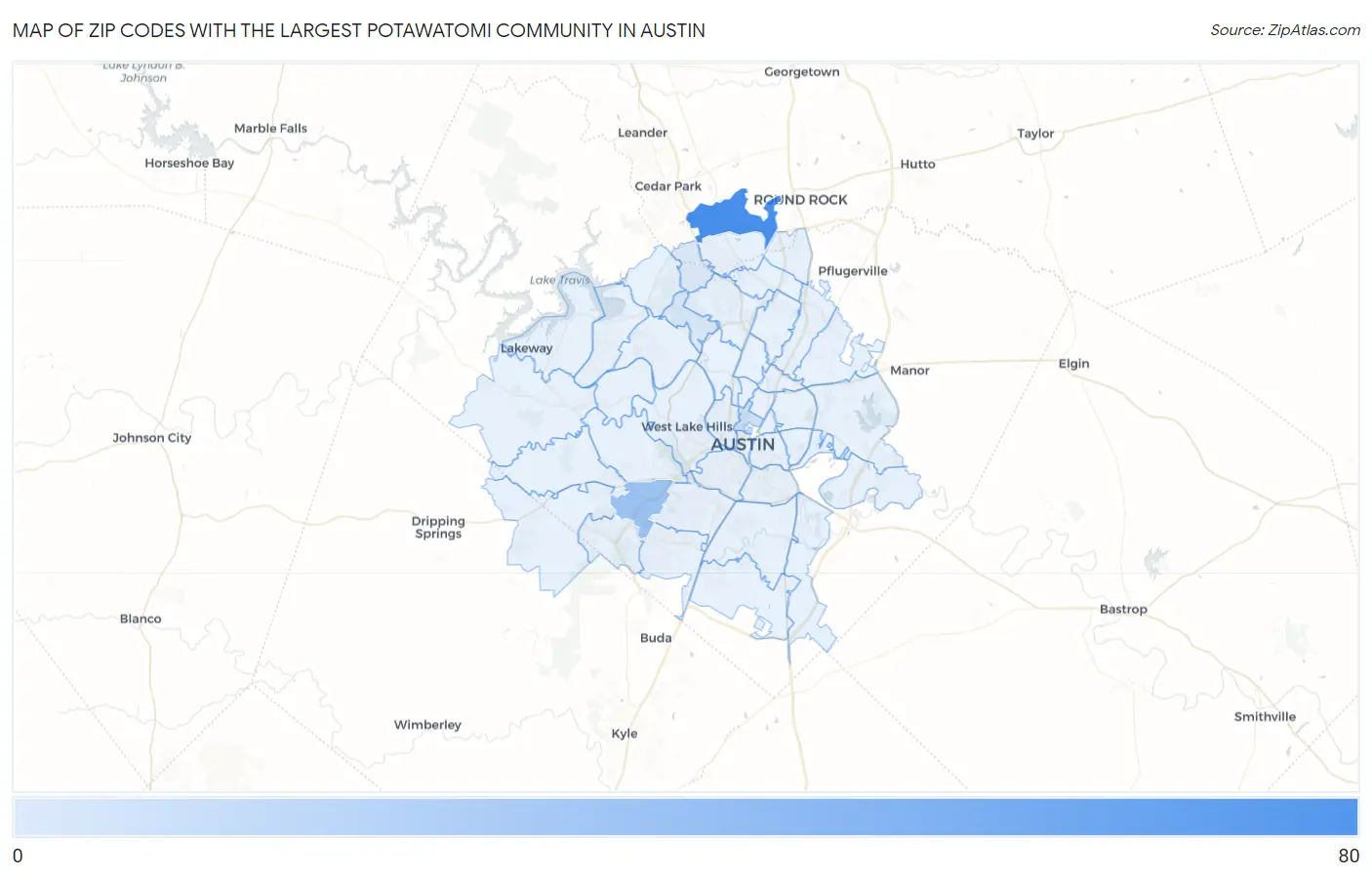 Zip Codes with the Largest Potawatomi Community in Austin Map