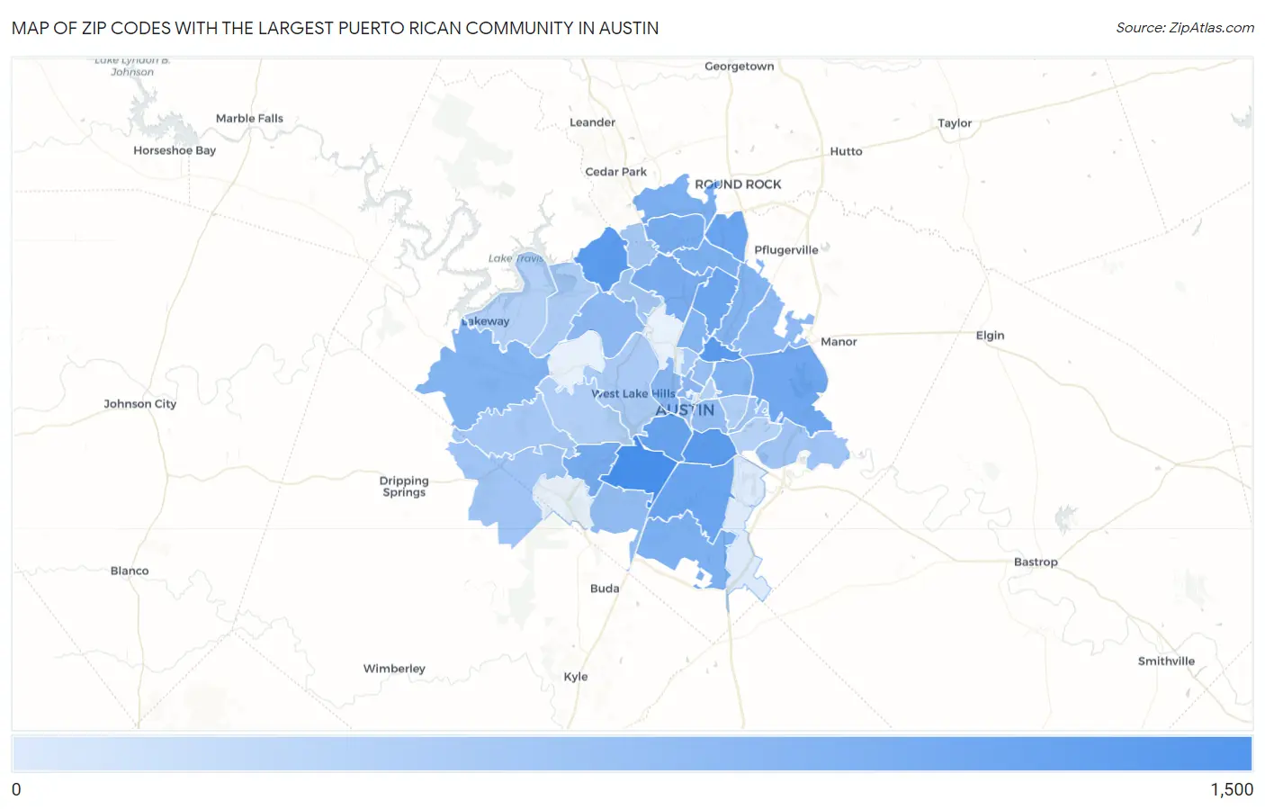 Zip Codes with the Largest Puerto Rican Community in Austin Map