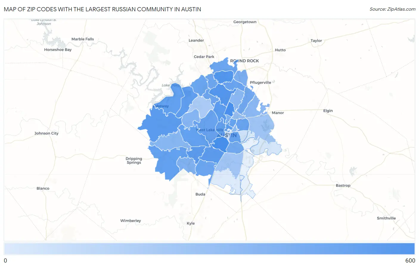Zip Codes with the Largest Russian Community in Austin Map