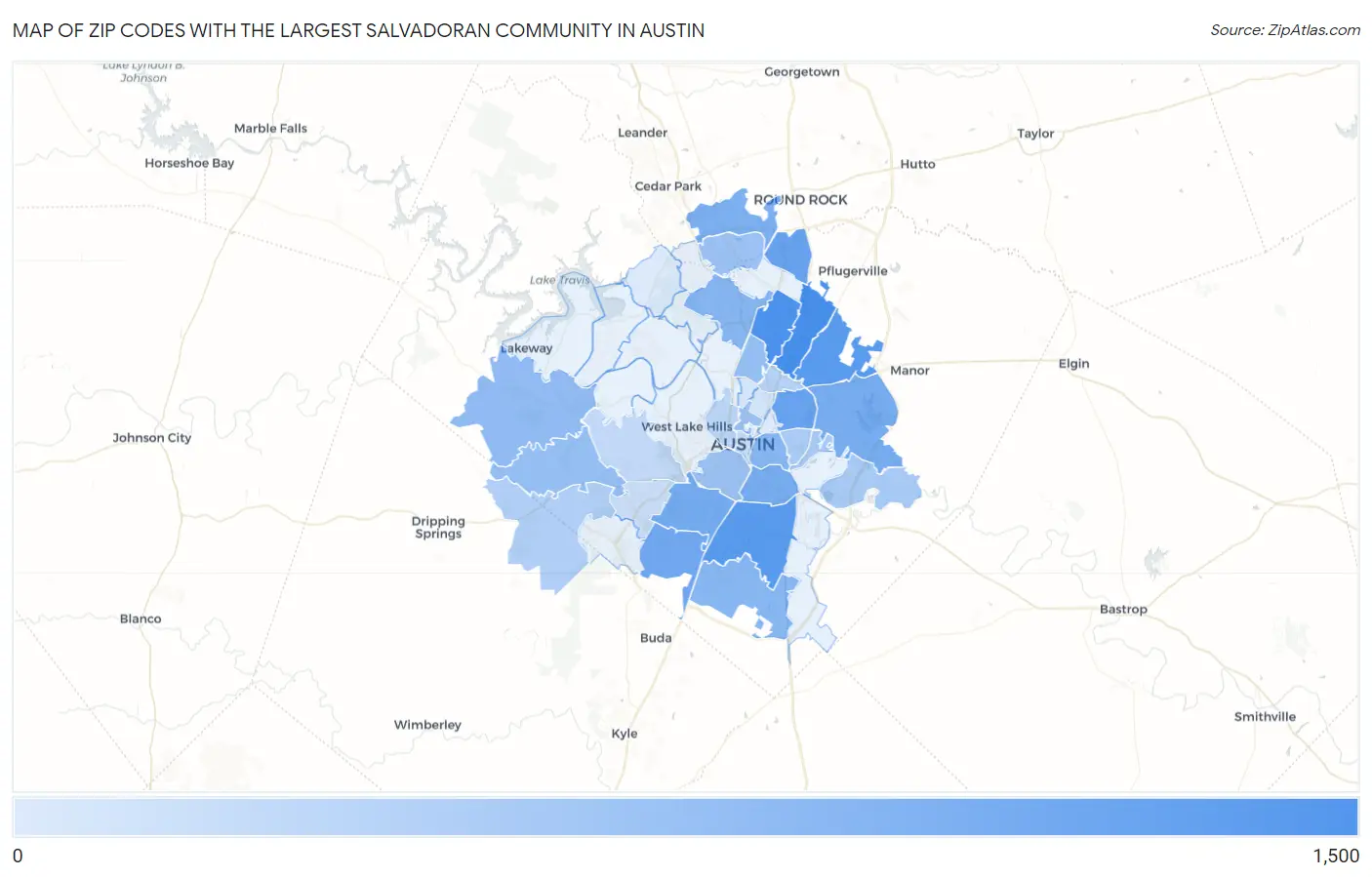 Zip Codes with the Largest Salvadoran Community in Austin Map